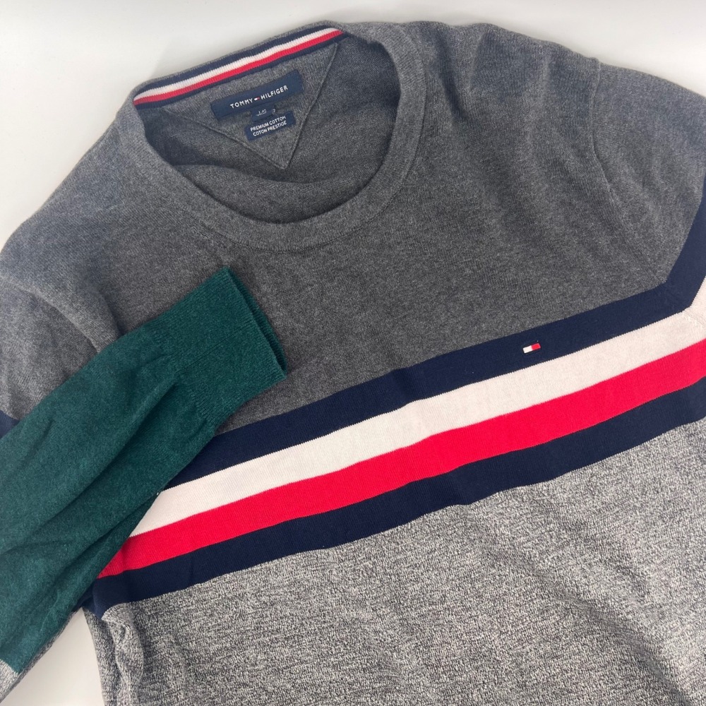 Tommy Hilfiger Mens Large Sweater Premium Cotton Stripe Colorblock Preppy Knit